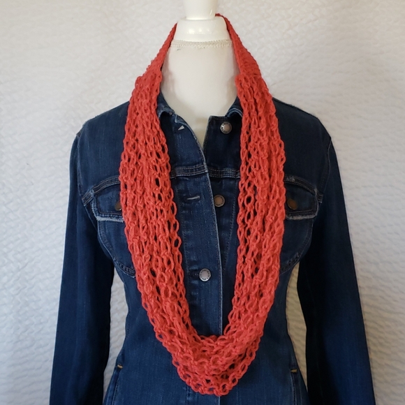 Handmade Knitted Headband Scarf Set. Coral Salmon - Picture 3 of 7